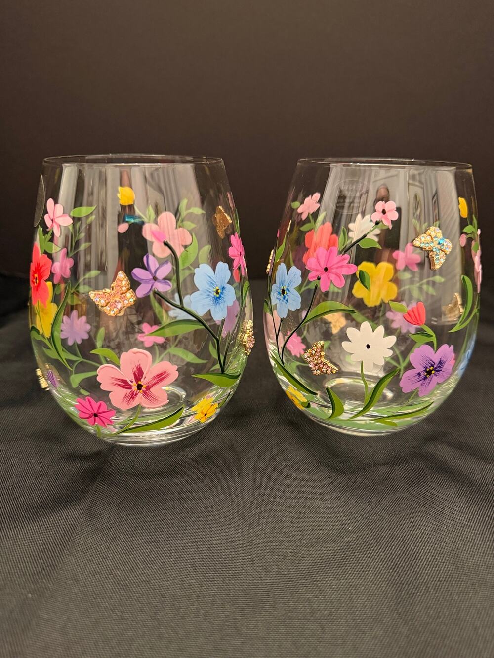 Whimsical Hand-Painted Floral Set of 2 Stemless Wine Glasses Butterfly Nature
